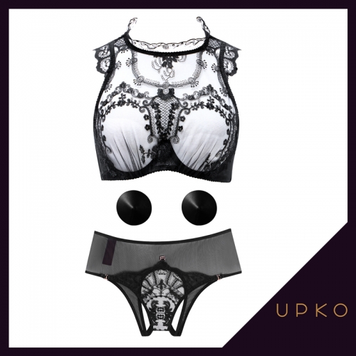 [UPKO 업코] 자수 레이스브라 & 브리프세트 EMBROIDERED LACE UNDERWIRED BRA & DETACHABLE BACK SET(INCLUDING LEATHER NIPPLE PASTIES)
